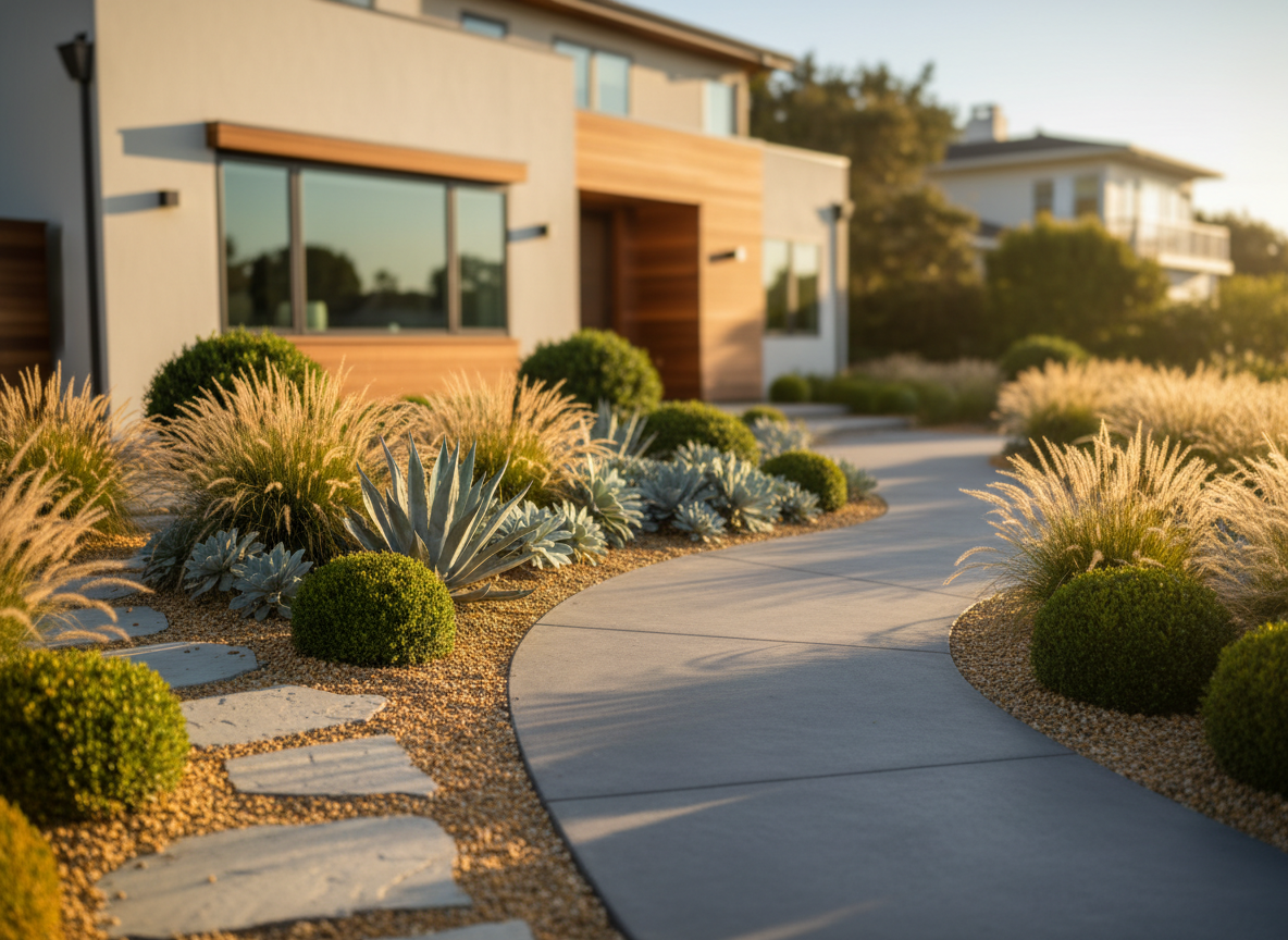 A meticulously designed modern residential front yard in the San Francisco Bay Area, featuring a sculpted arrangement of drought-tolerant grasses, silver-blue succulents, and precisely clipped evergreen shrubs surrounding a smooth charcoal concrete walkway. The path leads toward a contemporary stucco home with warm cedar accents, partially visible and softly blurred. Late afternoon golden Bay Area sunlight grazes the textures of stone, foliage, and gravel, casting long, elegant shadows. Captured at eye level in photographic realism with crisp detail in the foreground and gentle bokeh in the distance, the composition uses the rule of thirds to emphasize the harmony between architecture and landscape. The mood is sophisticated, calm, and welcoming, evoking the feel of a premier landscape design firm.